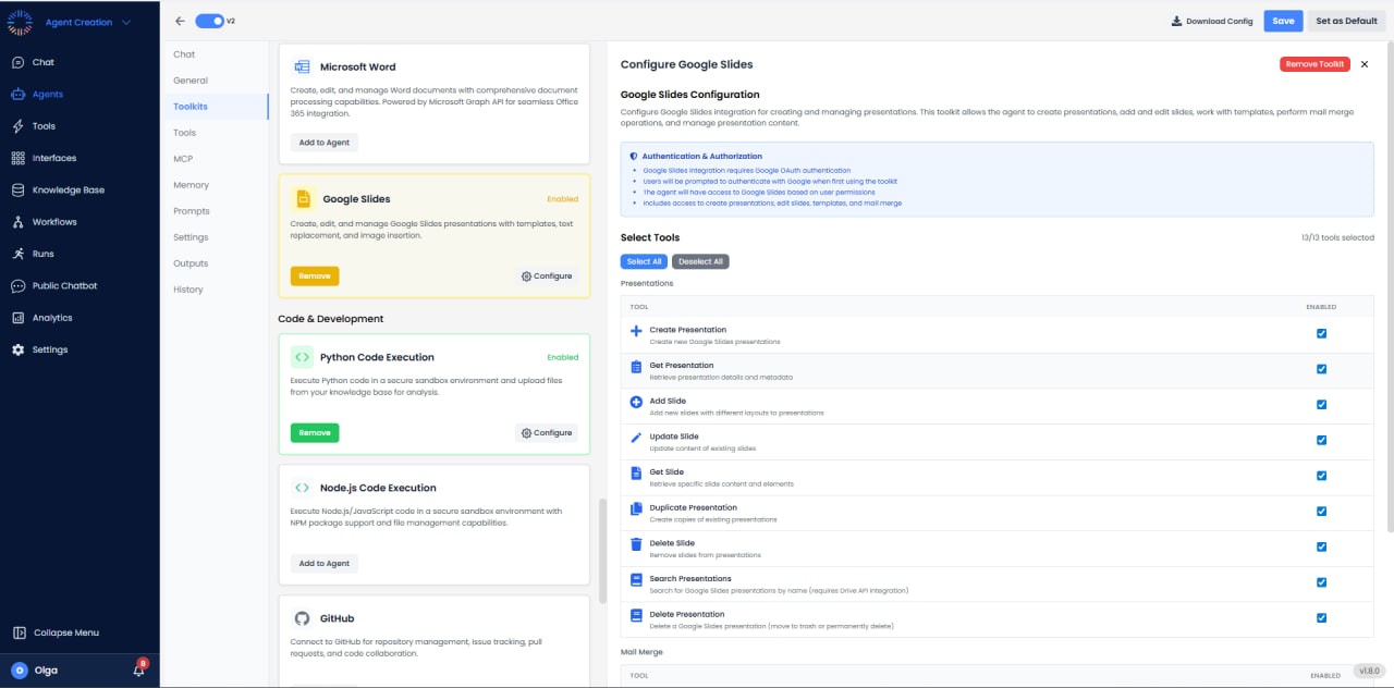 Google Slides configuration with authentication and presentation tools