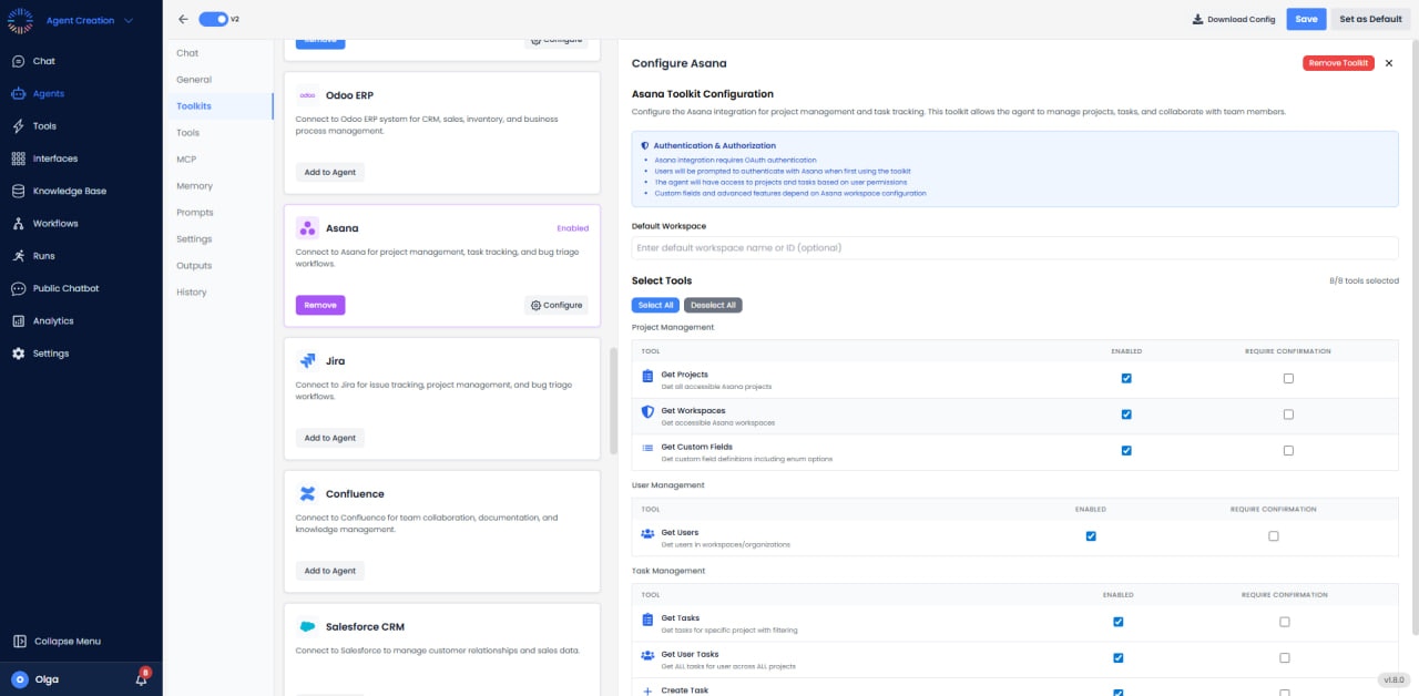 Asana configuration with authentication, default workspace, and tool selection