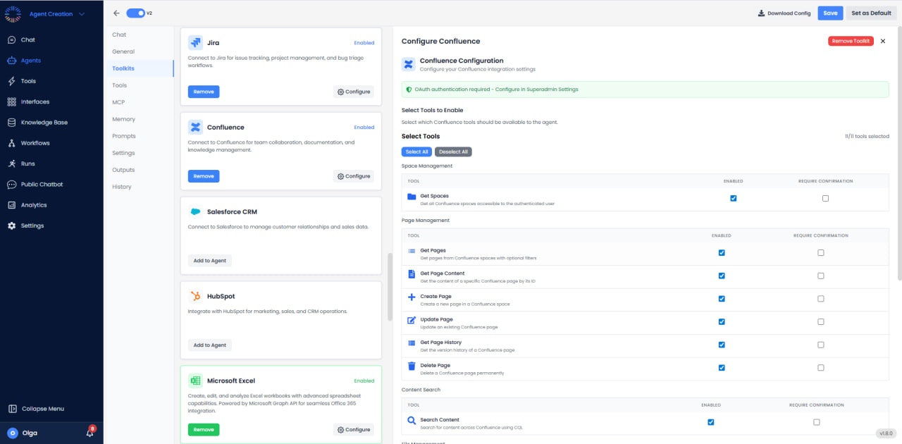 Confluence configuration with OAuth and tool selection for spaces, pages, and content