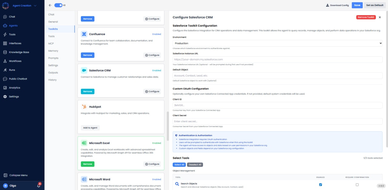 Salesforce CRM configuration with environment, instance URL, and OAuth settings
