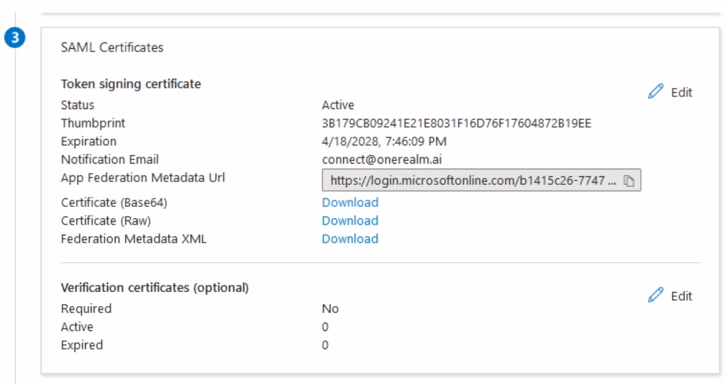Azure – SAML Certificates – App Federation Metadata Url