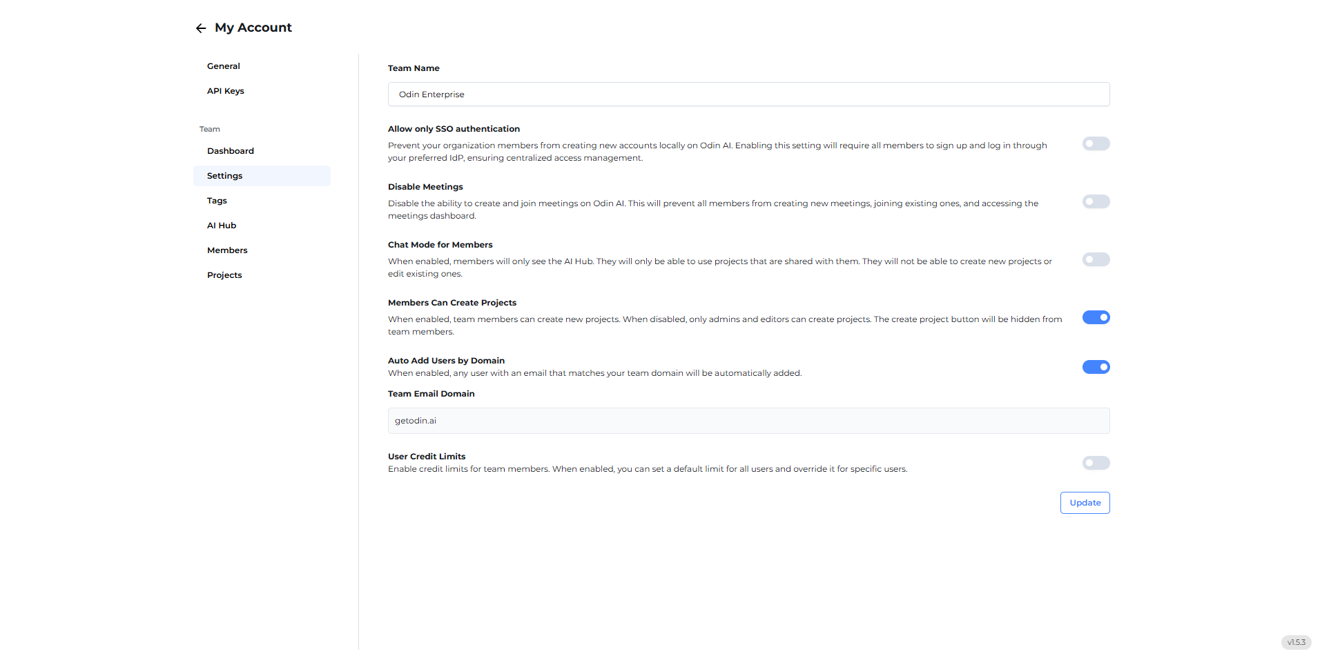 Account Settings - Odin AI Docs