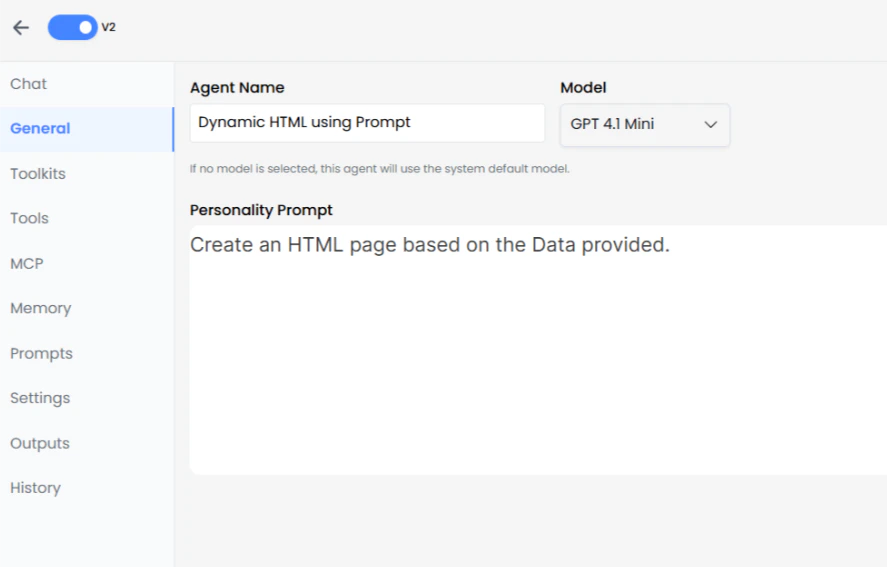 Figure 1: Agent Creation Interface - Setting up the Dynamic HTML agent with personality prompt