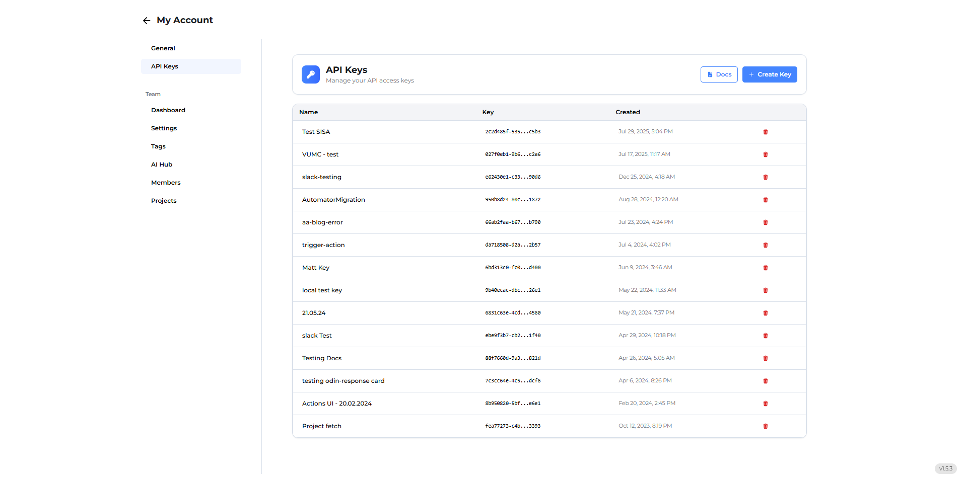 API Keys Tab Interface