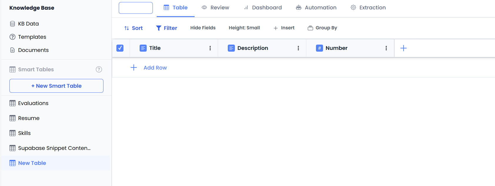 KB Data section showing list of Smart Tables