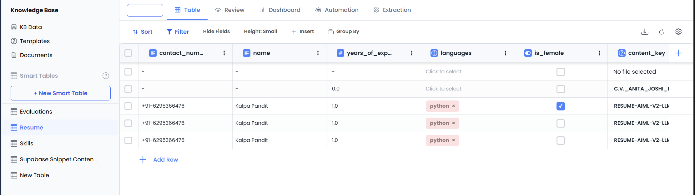 Resume Smart Table with extracted data