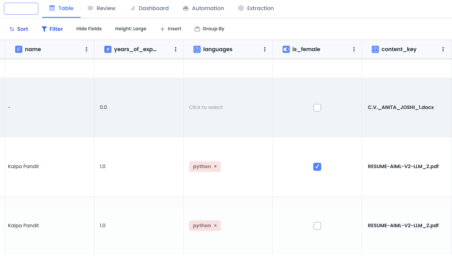 Collection field in Resume table