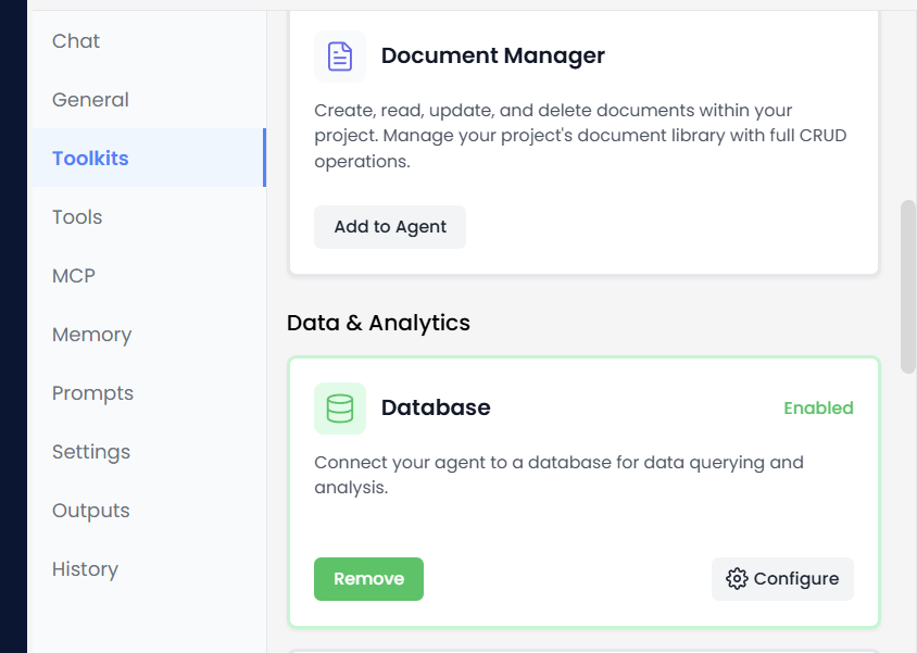Agent builder with Database Manager toolkit
