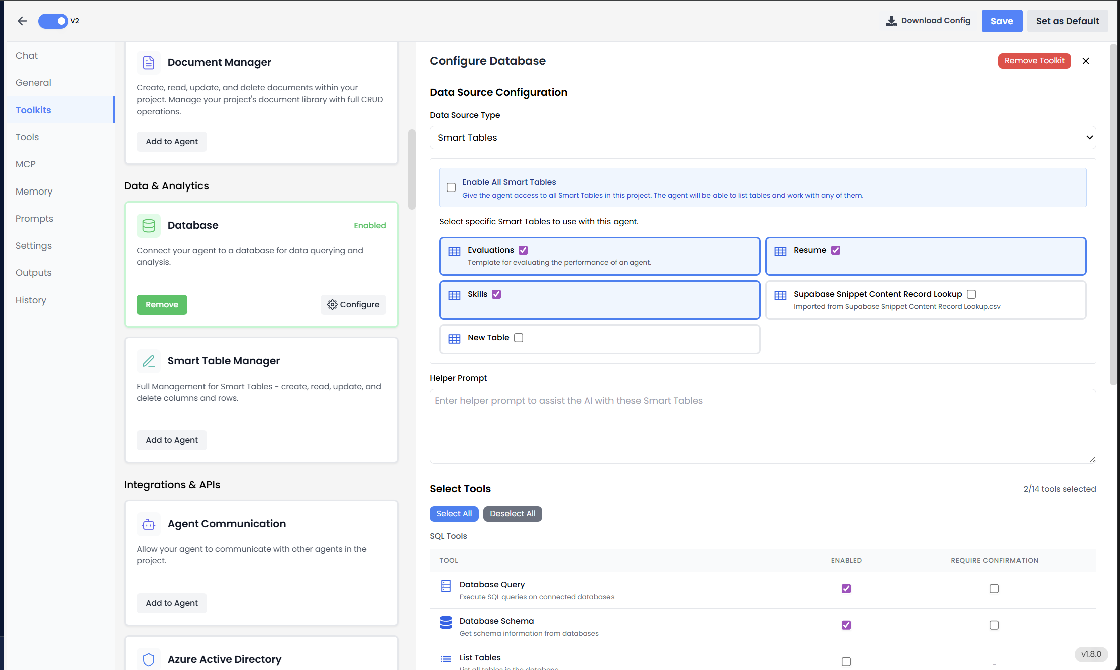 Database Manager settings showing Smart Table selection