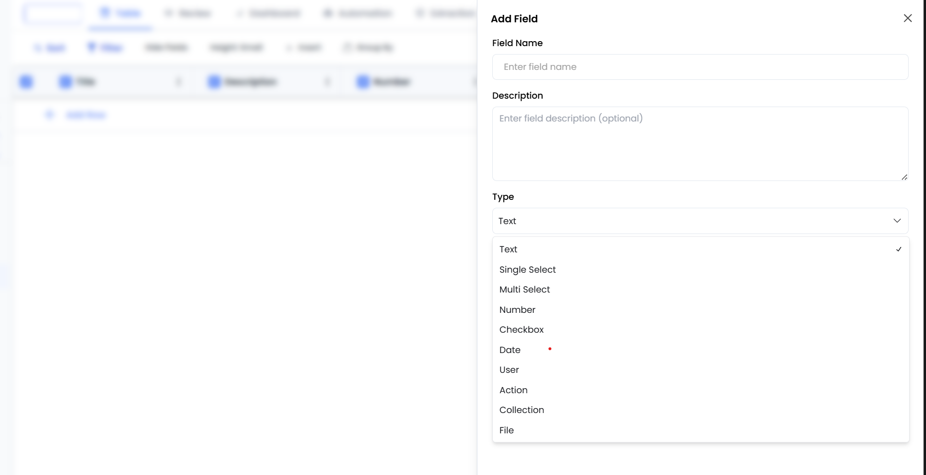 Field type dropdown options