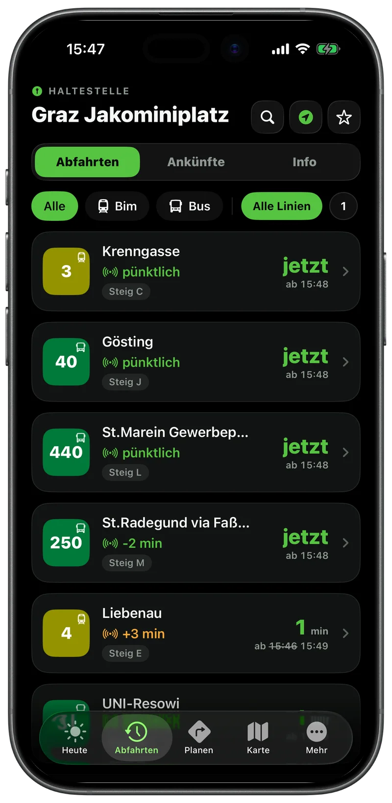 Abfahrten am Grazer Jakominiplatz mit Bim- und Buslinien, Echtzeit und Steigen