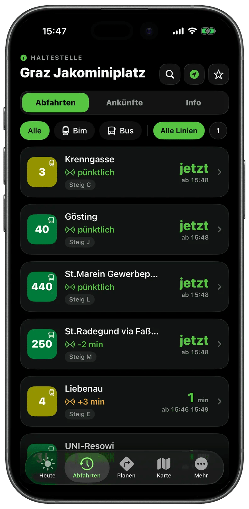 Abfahrten am Grazer Jakominiplatz mit Bim- und Buslinien, Echtzeit und Steigen
