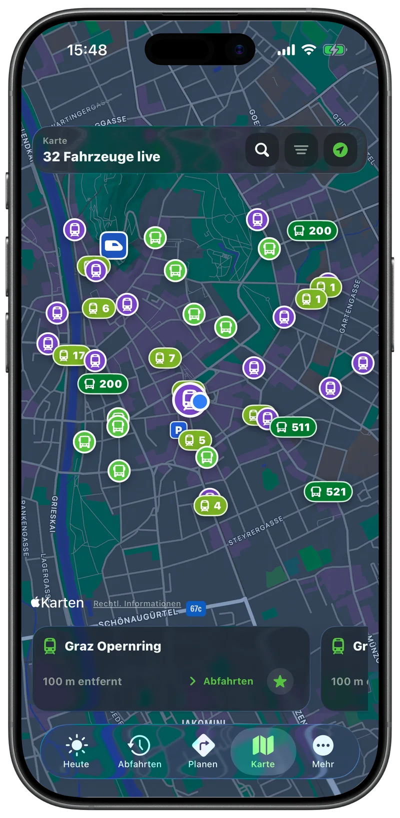 Karte der Grazer Innenstadt mit Bim- und Bus-Fahrzeugen und dem Hinweis 32 Fahrzeuge live