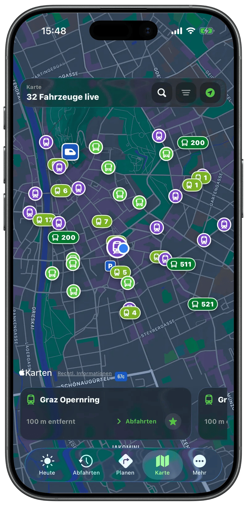 Karte der Grazer Innenstadt mit Bim- und Bus-Fahrzeugen und dem Hinweis 32 Fahrzeuge live