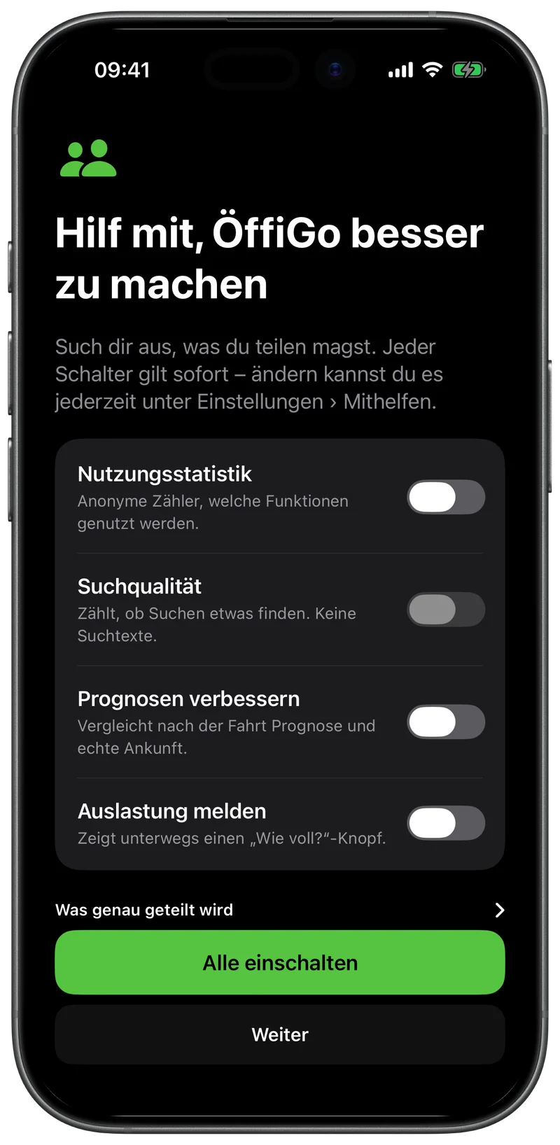 Einrichtungsschritt Hilf mit, ÖffiGo besser zu machen, mit vier Schaltern, alle aus