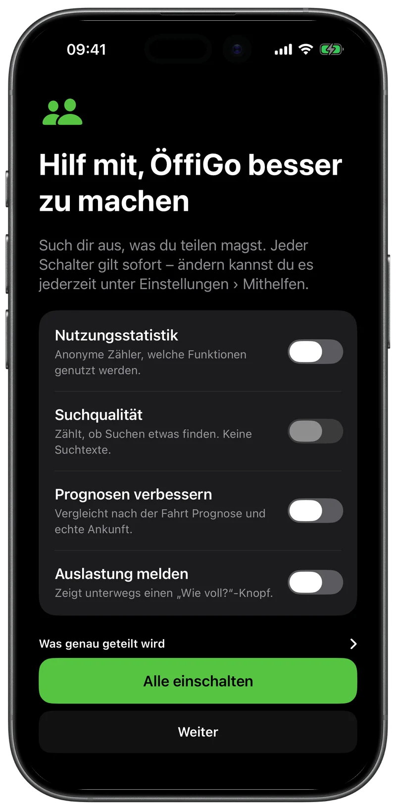 Einrichtungsschritt Hilf mit, ÖffiGo besser zu machen, mit vier Schaltern, alle aus