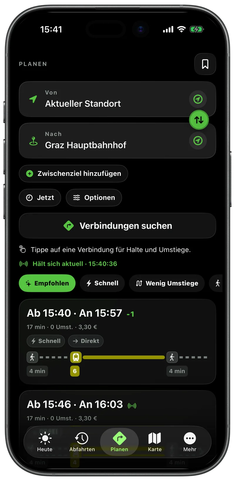 Planen in ÖffiGo: Verbindungen zum Graz Hauptbahnhof mit Preis und Sortierung