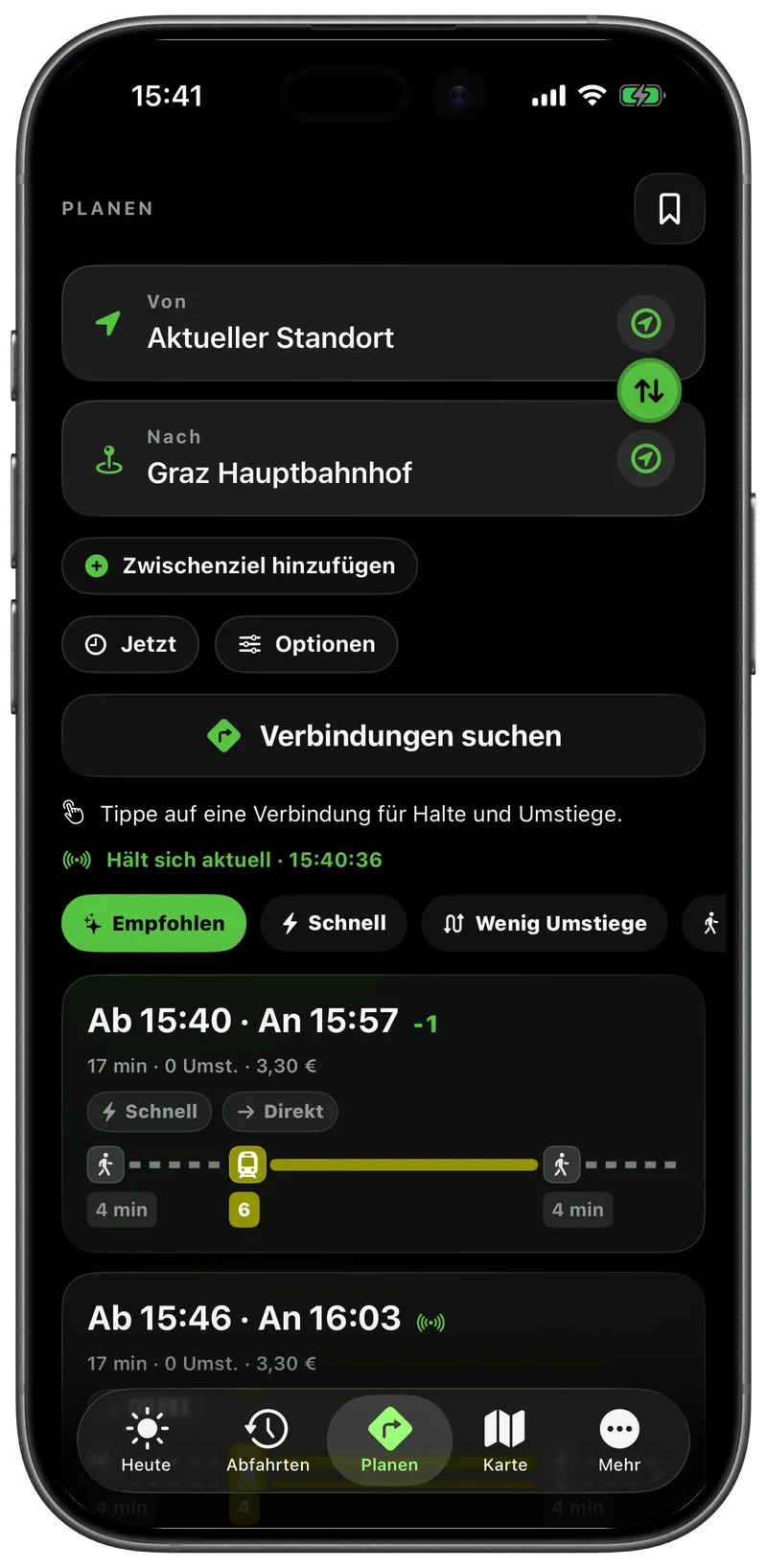Planen in ÖffiGo: Verbindungen zum Graz Hauptbahnhof mit Preis und Sortierung