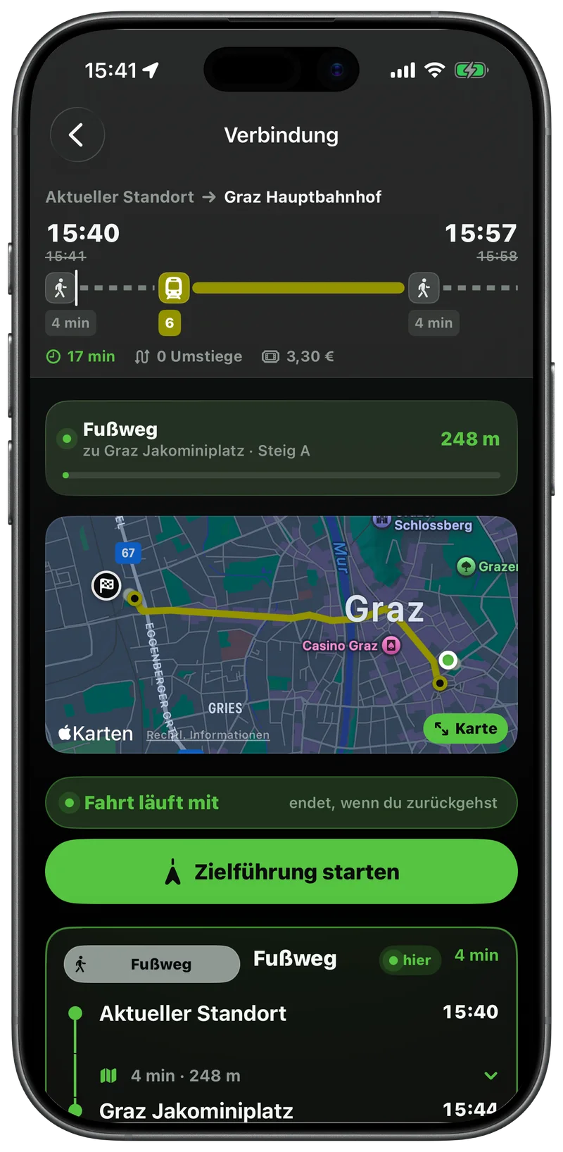 Verbindungsdetail mit Fußweg, Straßenbahn 6, Karte und Zielführung starten