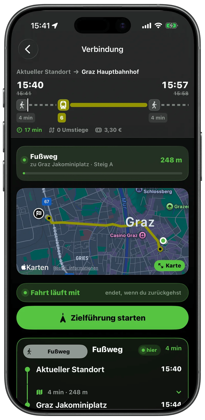Verbindungsdetail mit Fußweg, Straßenbahn 6, Karte und Zielführung starten