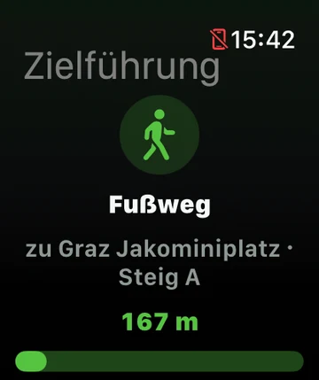 Apple Watch mit ÖffiGo-Zielführung: Fußweg zum Graz Jakominiplatz, Steig A, 167 m