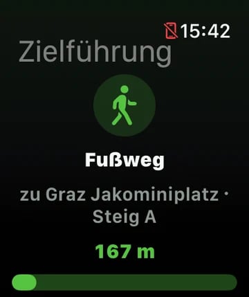 Apple Watch mit ÖffiGo-Zielführung: Fußweg zum Graz Jakominiplatz, Steig A, 167 m