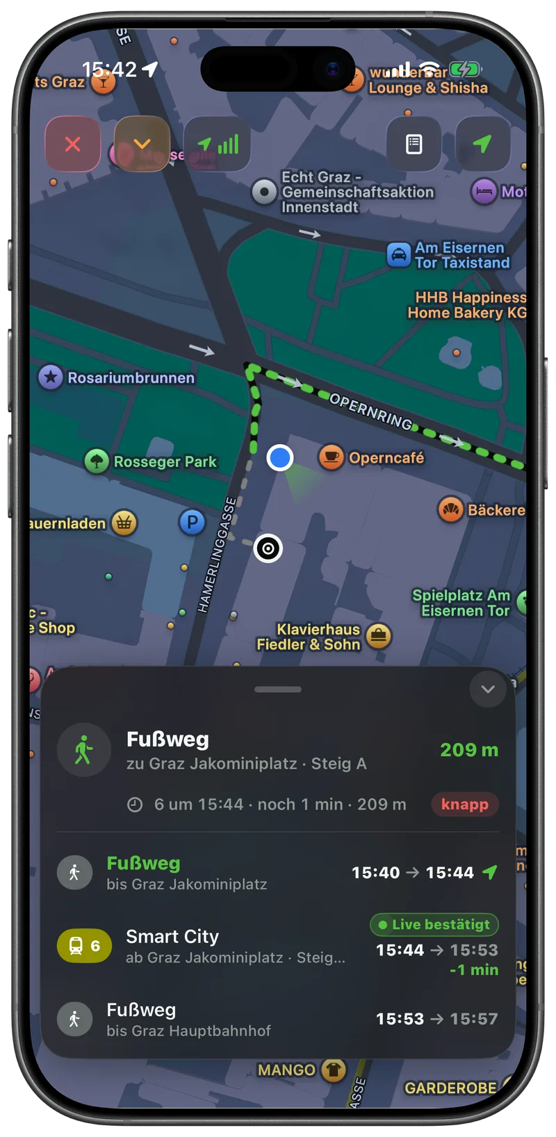 Live-Zielführung in Graz: Fußweg zum Jakominiplatz auf der Karte, darunter die Schritte mit Straßenbahn 6
