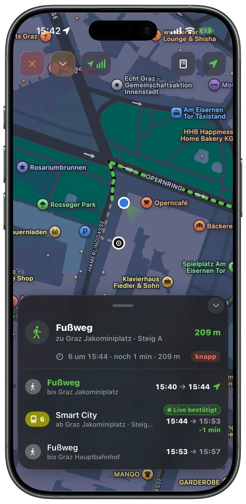 Live-Zielführung in Graz: Fußweg zum Jakominiplatz auf der Karte, darunter die Schritte mit Straßenbahn 6