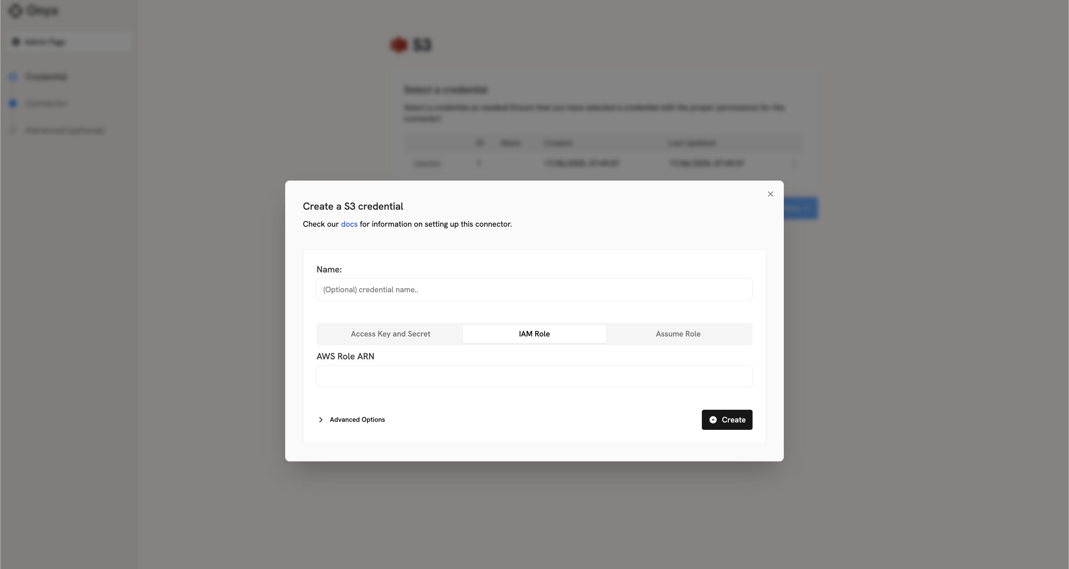 Screenshot of Onyx S3 IAM role configuration with tabs