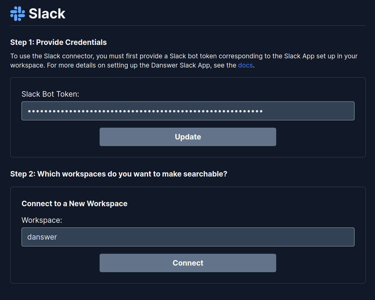 Onyx Slack connector settings showing Bot User OAuth Token input