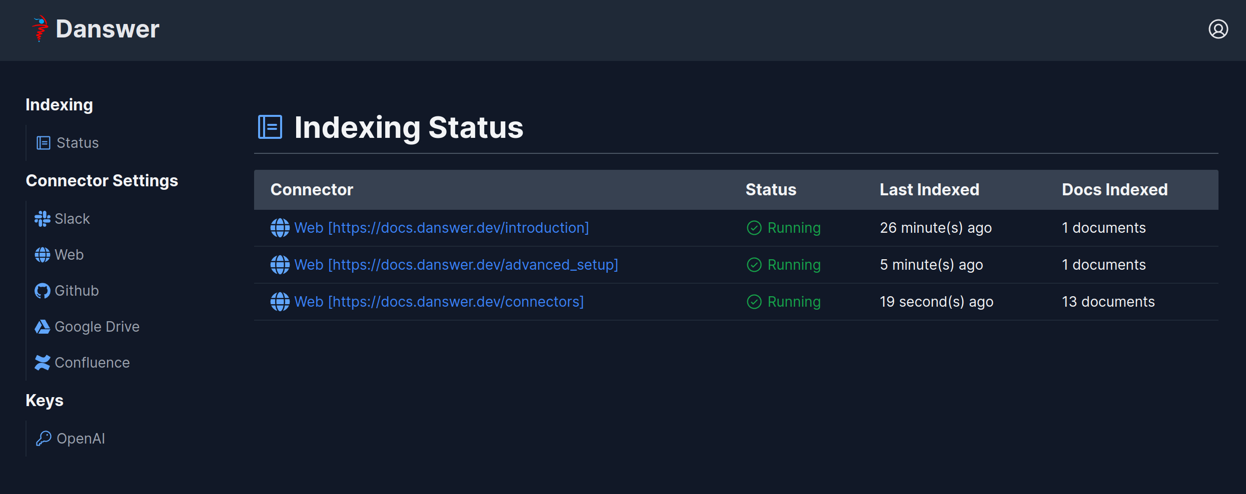 Onyx Connectors Status page showing web crawl progress
