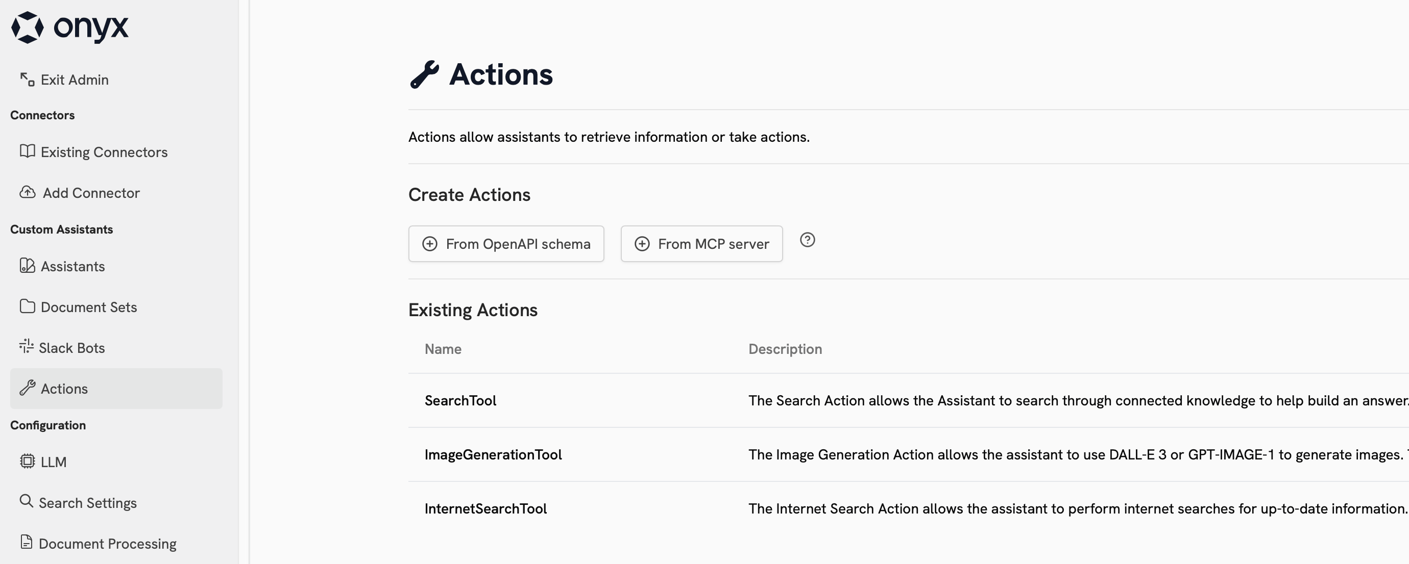 Actions dashboard in Onyx Admin Panel