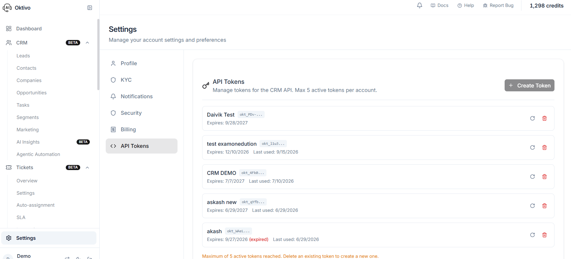 Oktivo account API Tokens settings with the Create Token button