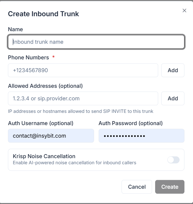 Create Inbound Trunk form