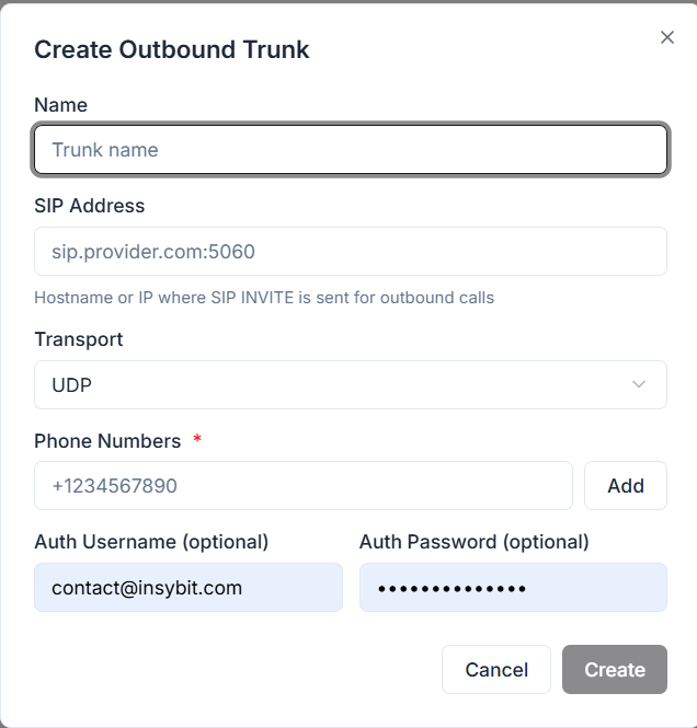 Create Outbound Trunk form