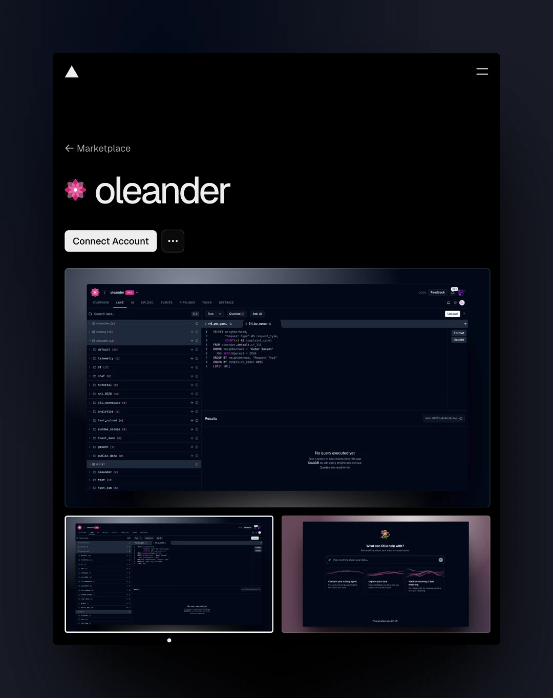 The oleander listing on the Vercel Marketplace, with the Connect Account button