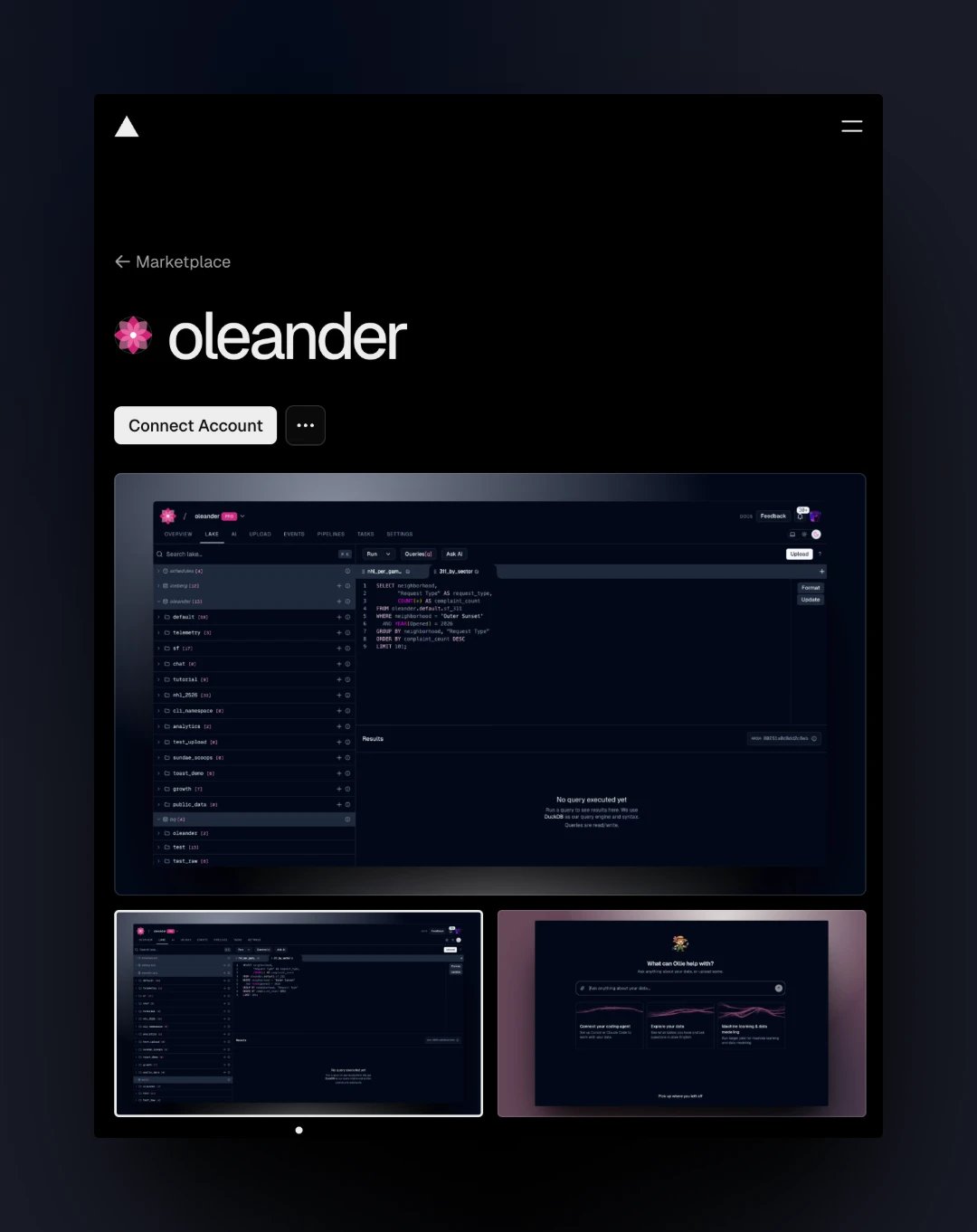 The oleander listing on the Vercel Marketplace, with the Connect Account button