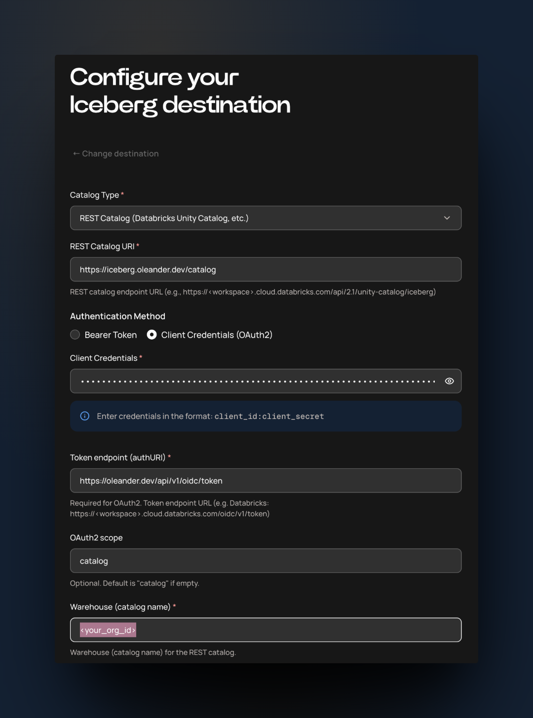 Artie Iceberg destination configured with the oleander REST catalog