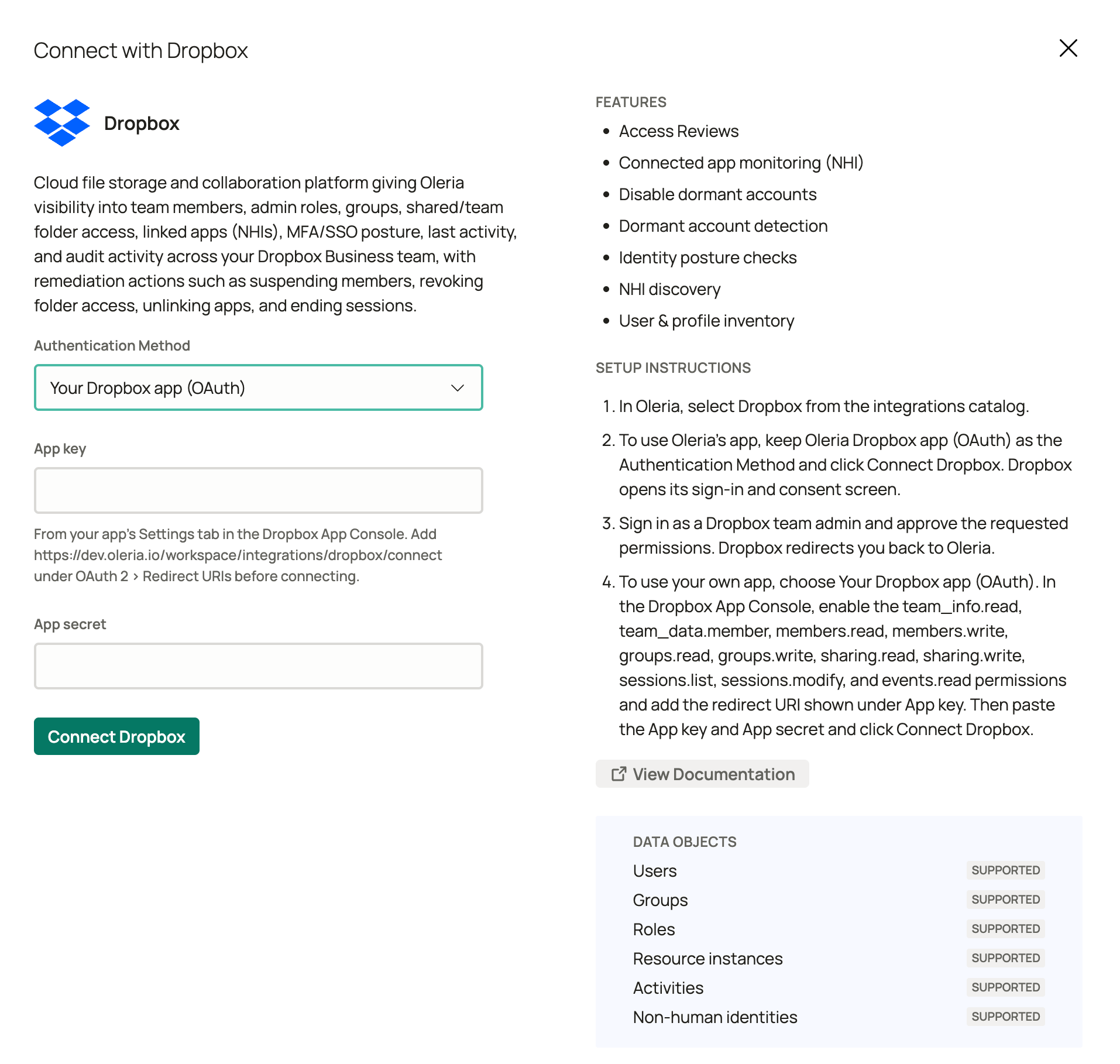 Oleria connect with Dropbox panel with Authentication Method set to Your Dropbox app (OAuth), showing the App key and App secret fields