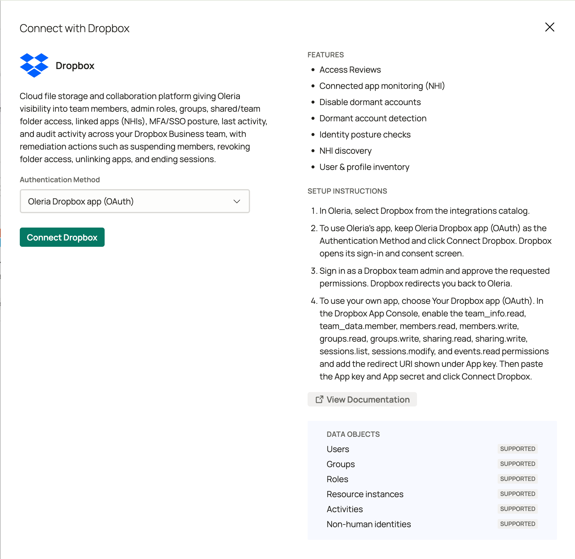 Oleria connect with Dropbox panel with Authentication Method set to Oleria Dropbox app (OAuth), alongside the Dropbox features, setup instructions, and supported data objects