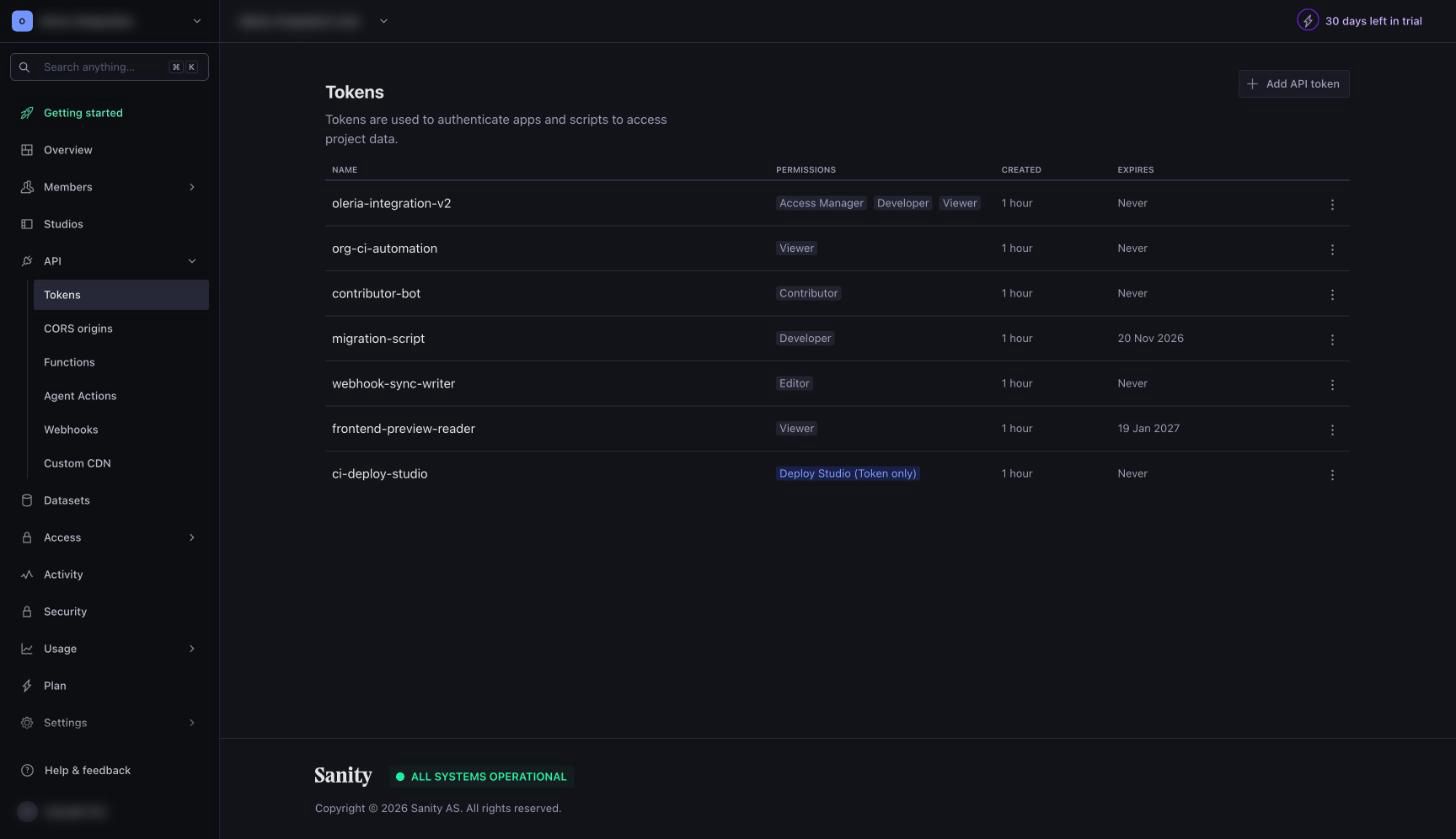 Sanity Manage, project API Tokens page with the Add API token button