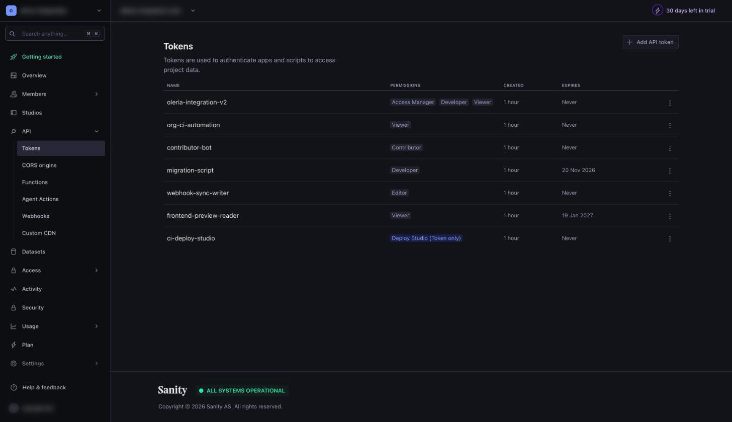 Sanity Manage, project API Tokens page with the Add API token button