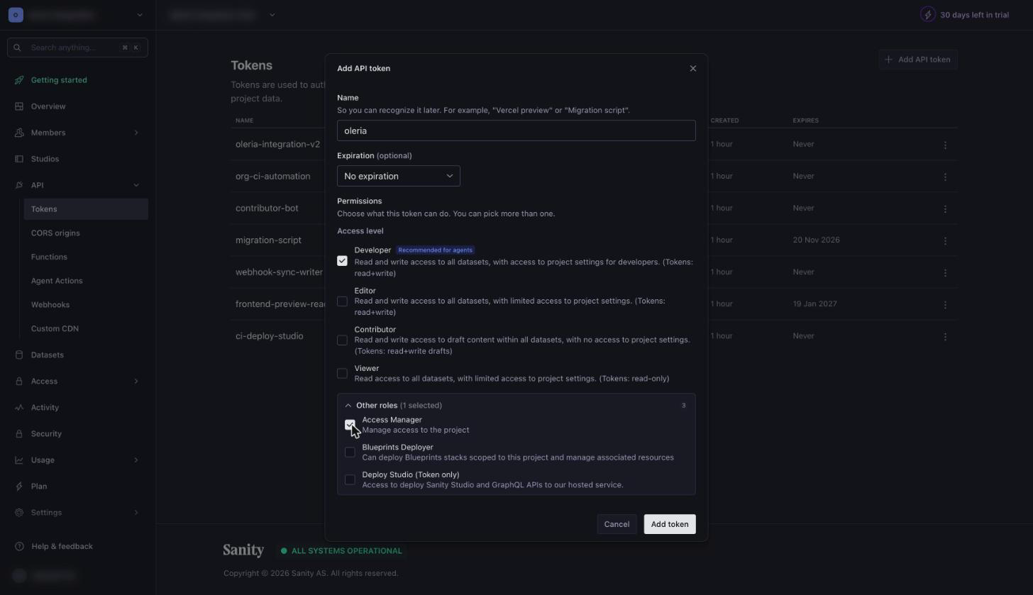 Sanity Add API token dialog with the Developer role selected and Access Manager selected under Other roles