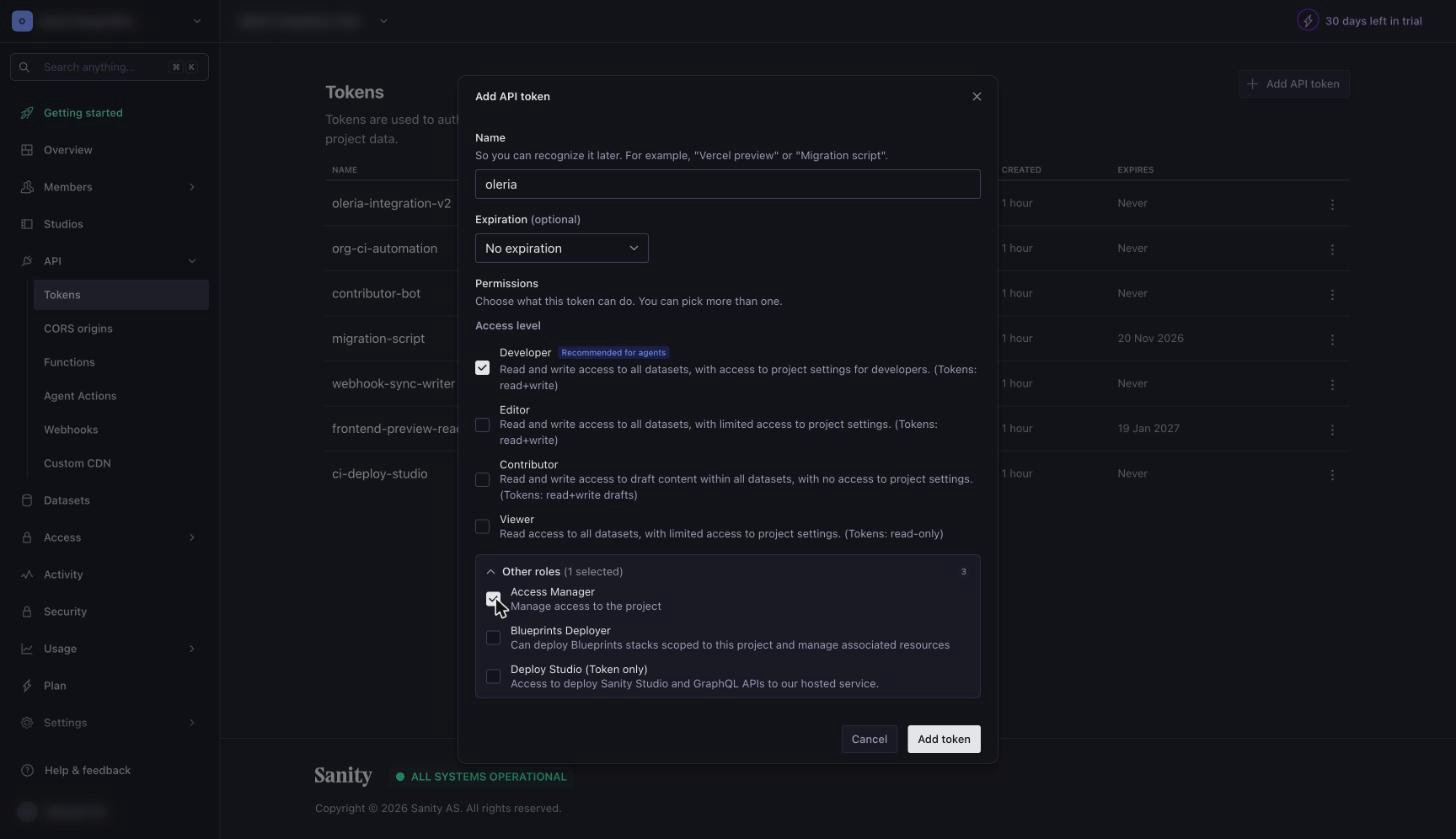 Sanity Add API token dialog with the Developer role selected and Access Manager selected under Other roles