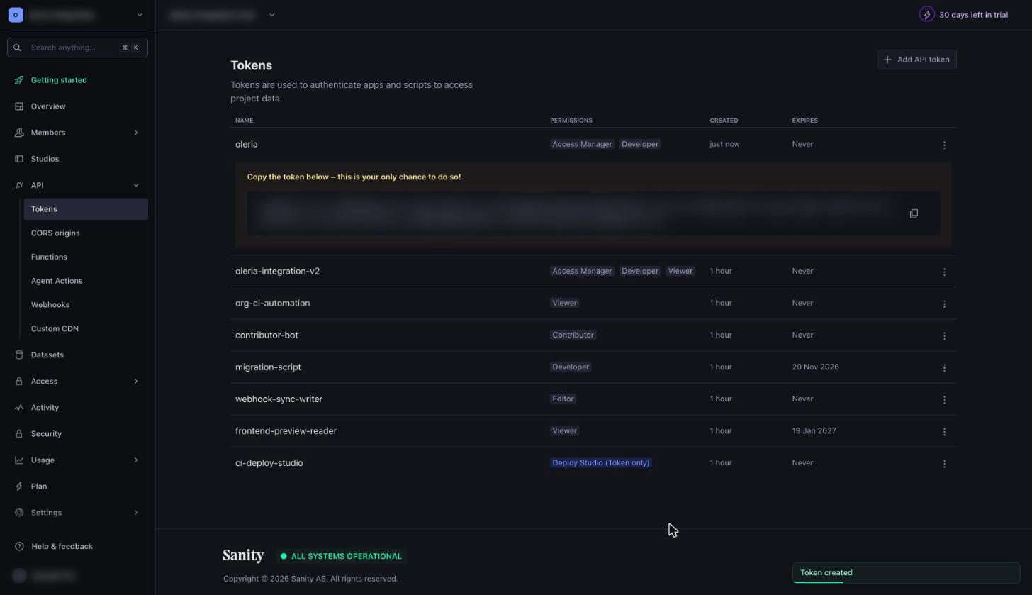 Sanity Tokens page showing the new token with its value hidden and the copy button