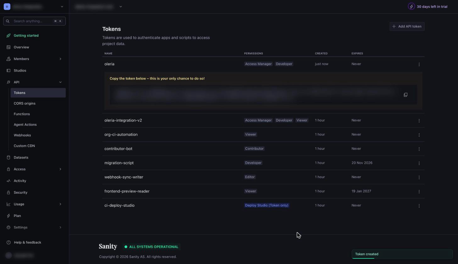Sanity Tokens page showing the new token with its value hidden and the copy button