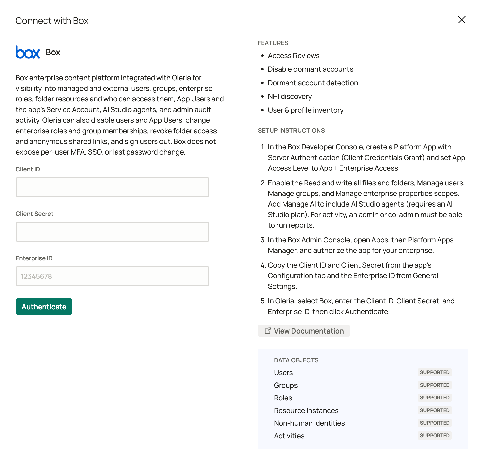 Oleria connect with Box panel showing the Client ID, Client Secret, and Enterprise ID fields alongside the Box features, setup instructions, and supported data objects