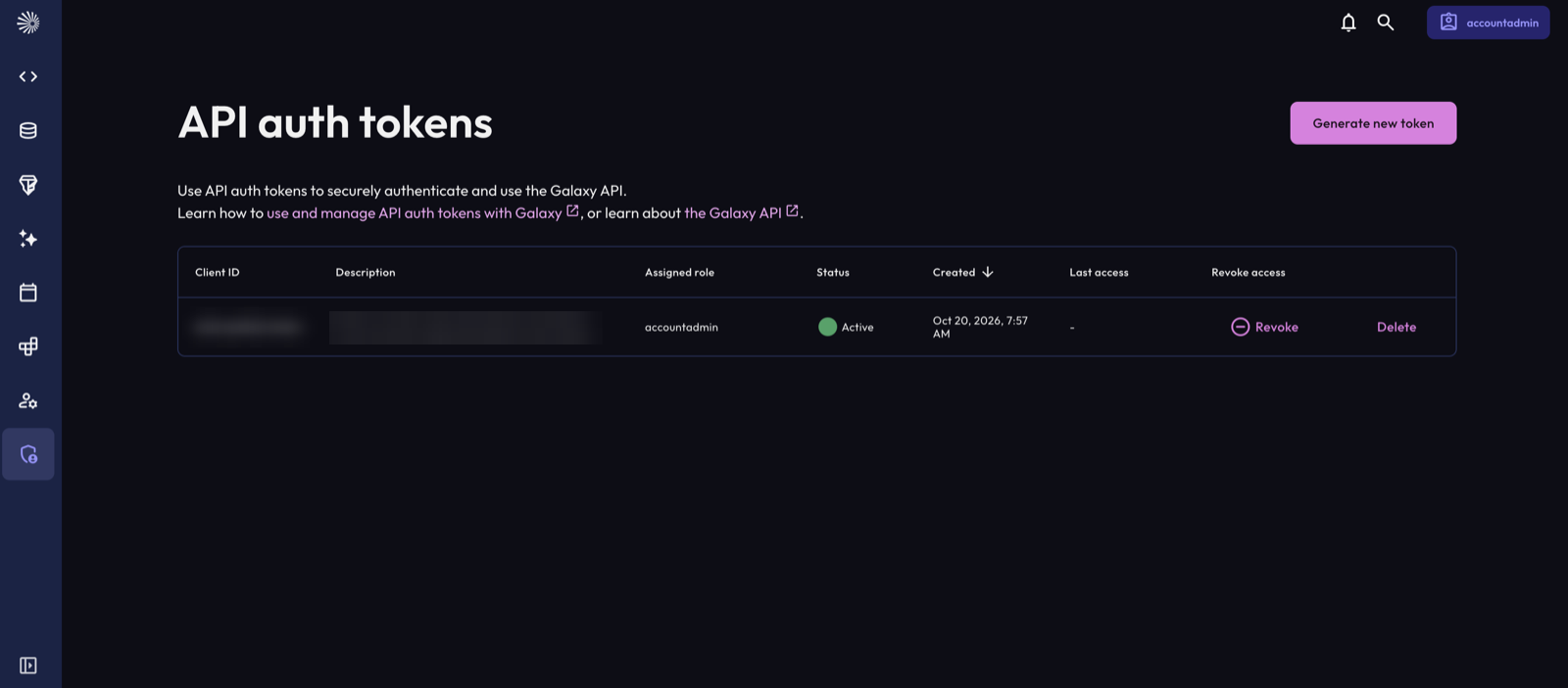 Starburst Galaxy API auth tokens page with the Generate new token button