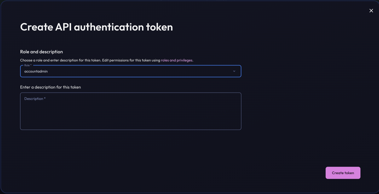 Starburst Galaxy Create API authentication token dialog with the accountadmin role selected