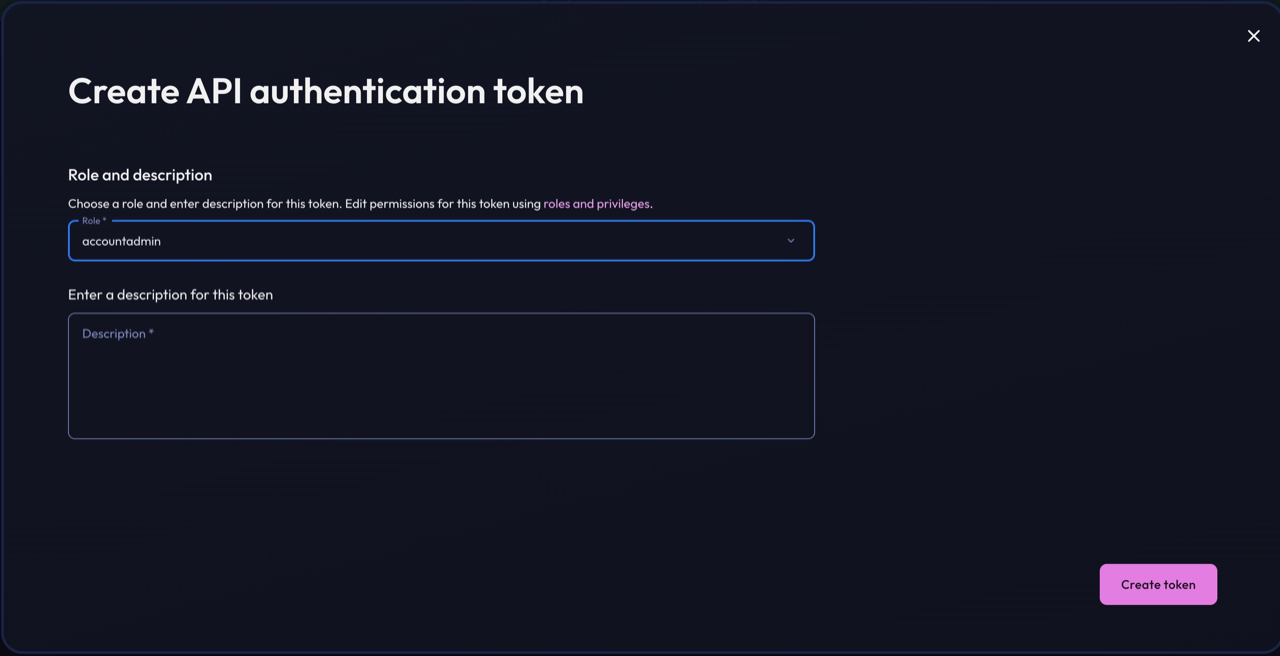 Starburst Galaxy Create API authentication token dialog with the accountadmin role selected